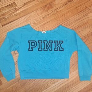 PINK Off Shoulder Cropped Sweatshirt Blue Large Spring Vixtoria's Secret